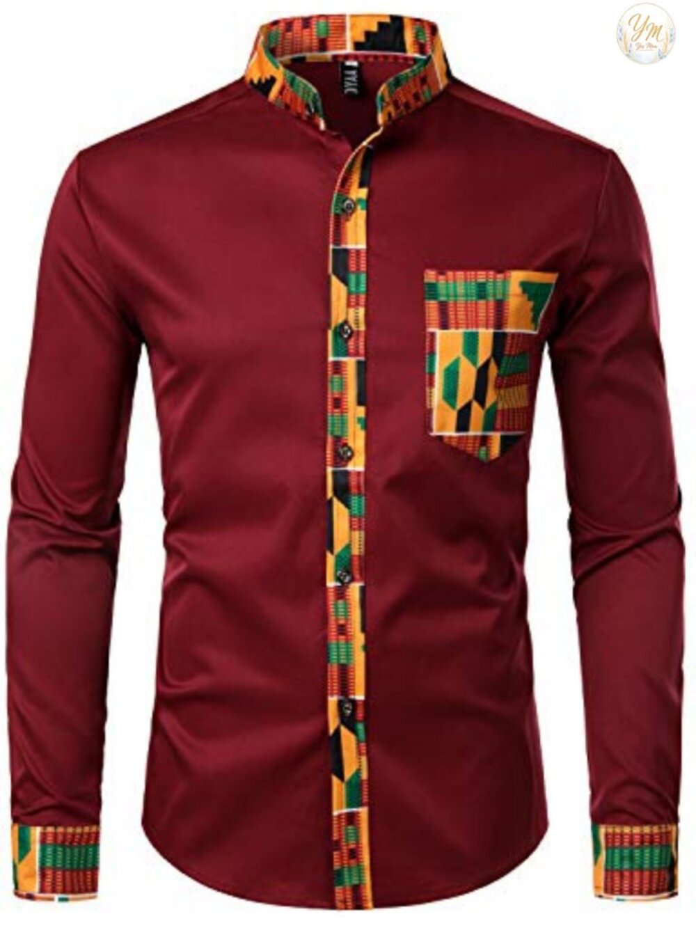 Men's Mandarin Collar African Tribal Button Down Shirt Long Sleeve Slim Fit